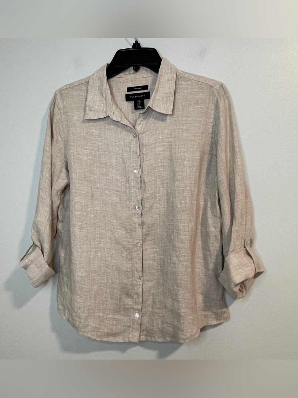 Tahari Neutral Beige Relaxed Linen Button-Front Shirt